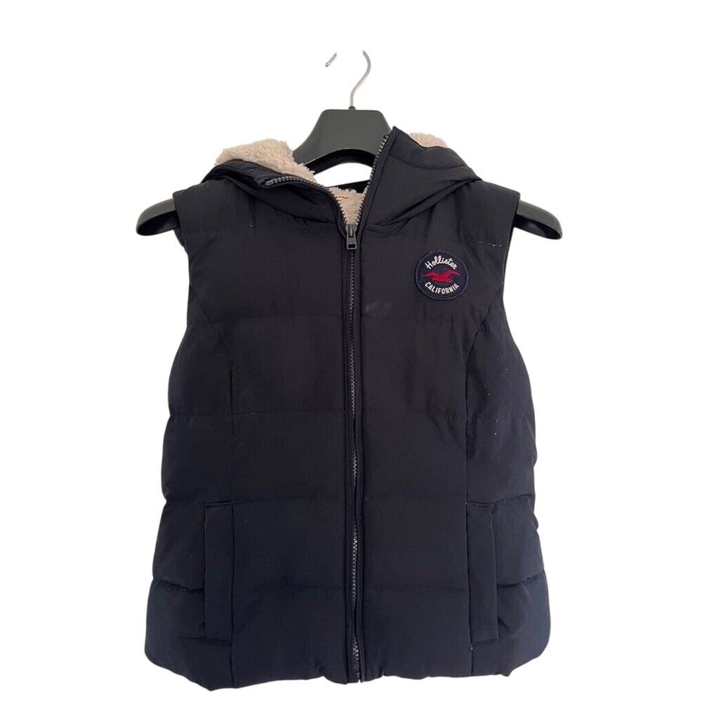 Hollister Puffer Vest MEDIUM Blue Full Zip Hooded Insulated Feather Down